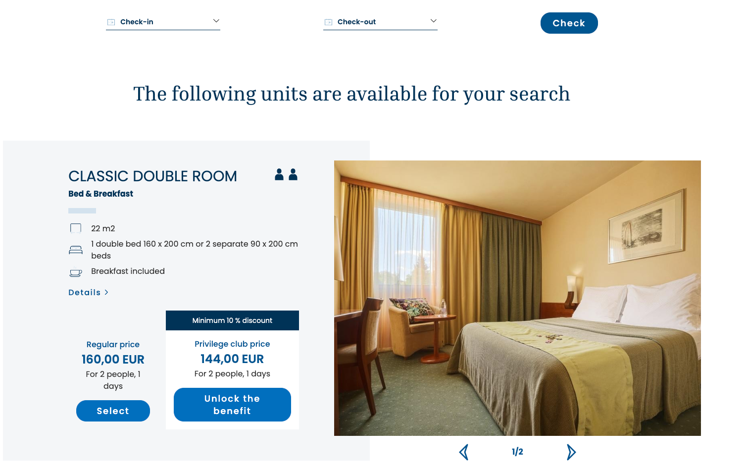 Hotel booking engine interface showing room availability